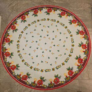 vintage holiday tablecloth poinsettia & candles circular Table 75"